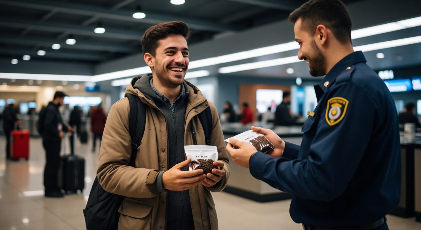 A traveler in a Turkish airport customs area holds a small bag of coffee beans, smiling with relief while a uniformed officer nods approvingly beside a luggage scanner.
