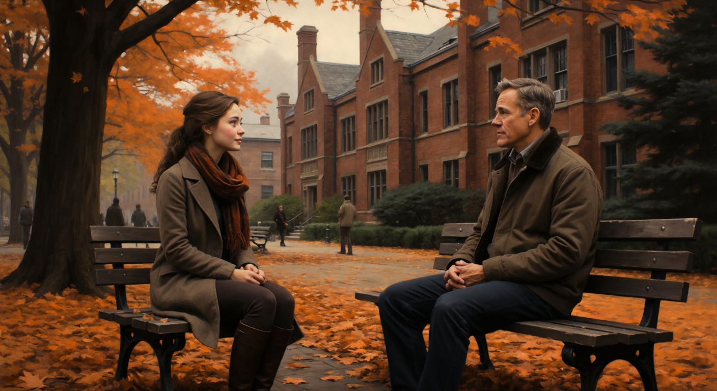 A nostalgic autumn scene on a leafy American college campus, where a thoughtful middle-aged man in a sweater and a bright-eyed young woman in a scarf share a quiet conversation on a wooden bench, surrounded by fallen leaves and old brick buildings.