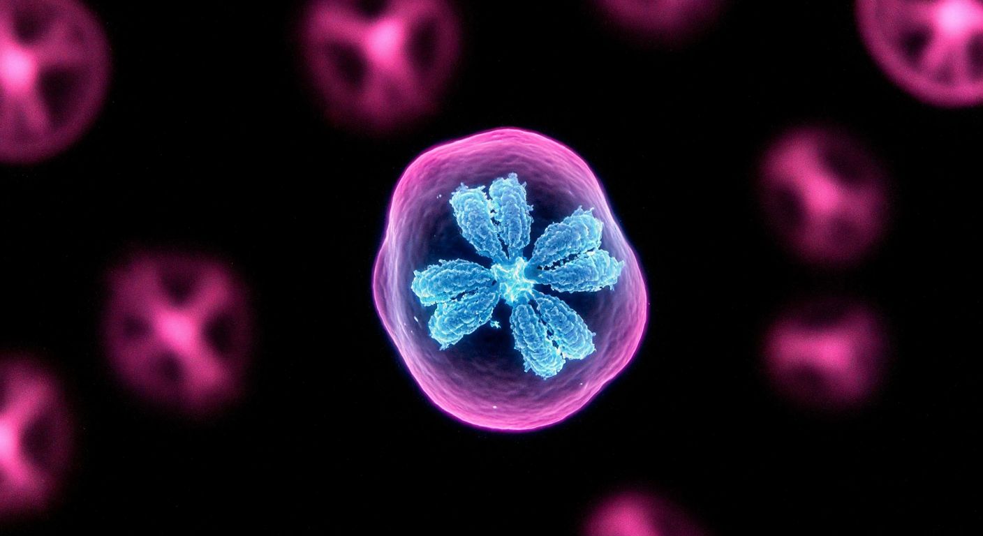 A magnified, colorful microscopic view of a cell in mid-mitosis, with chromosomes neatly aligned during metaphase, surrounded by glowing spindle fibers against a dark background.