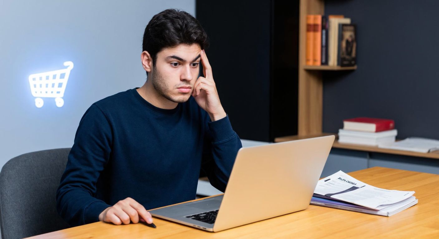 A young Turkish student sitting at a wooden desk with a laptop, looking puzzled while holding a printed coupon, with a shopping cart icon glowing on the screen.