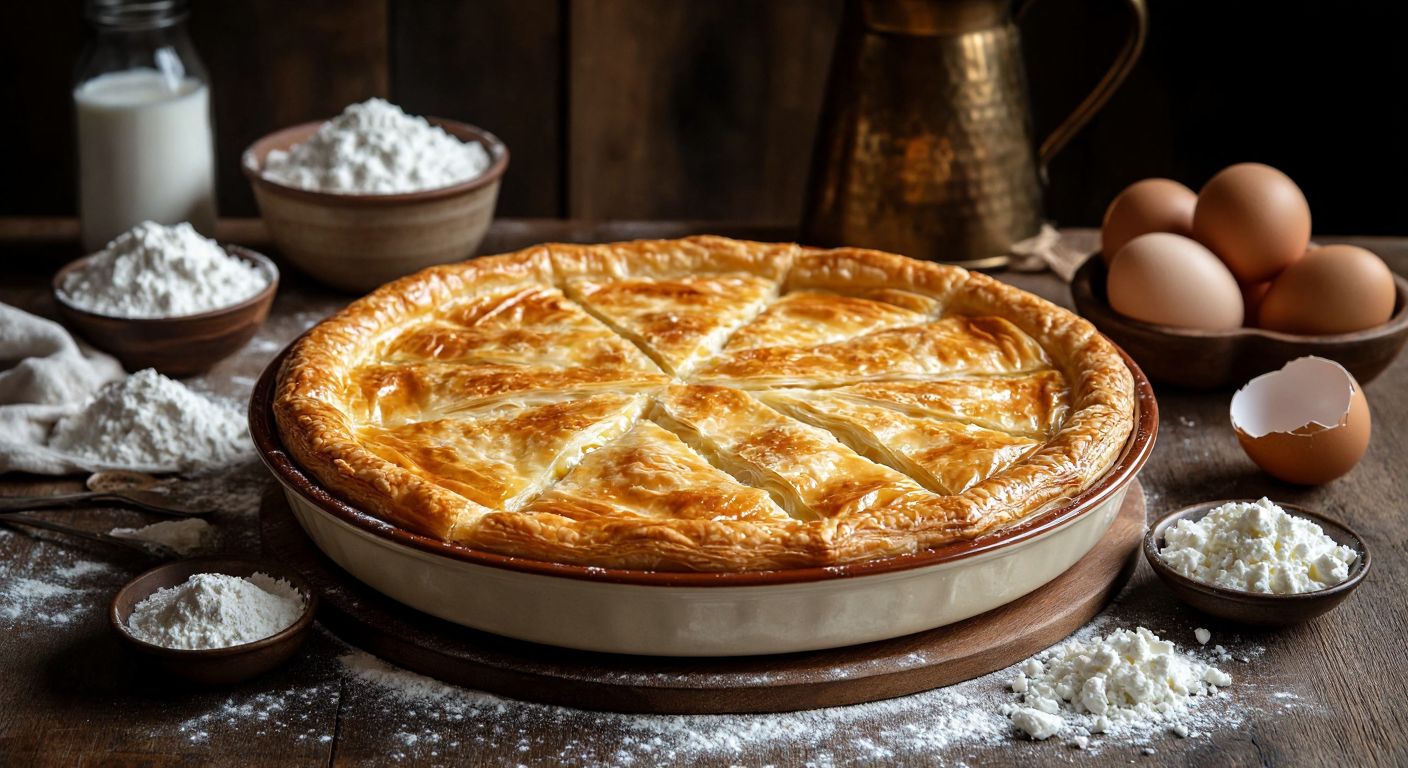A warm, golden-brown *su böreği* sits freshly baked on a ceramic tray, its flaky layers glistening with melted butter, surrounded by scattered ingredients like flour, eggs, and crumbled white cheese on a sunlit Turkish kitchen counter.