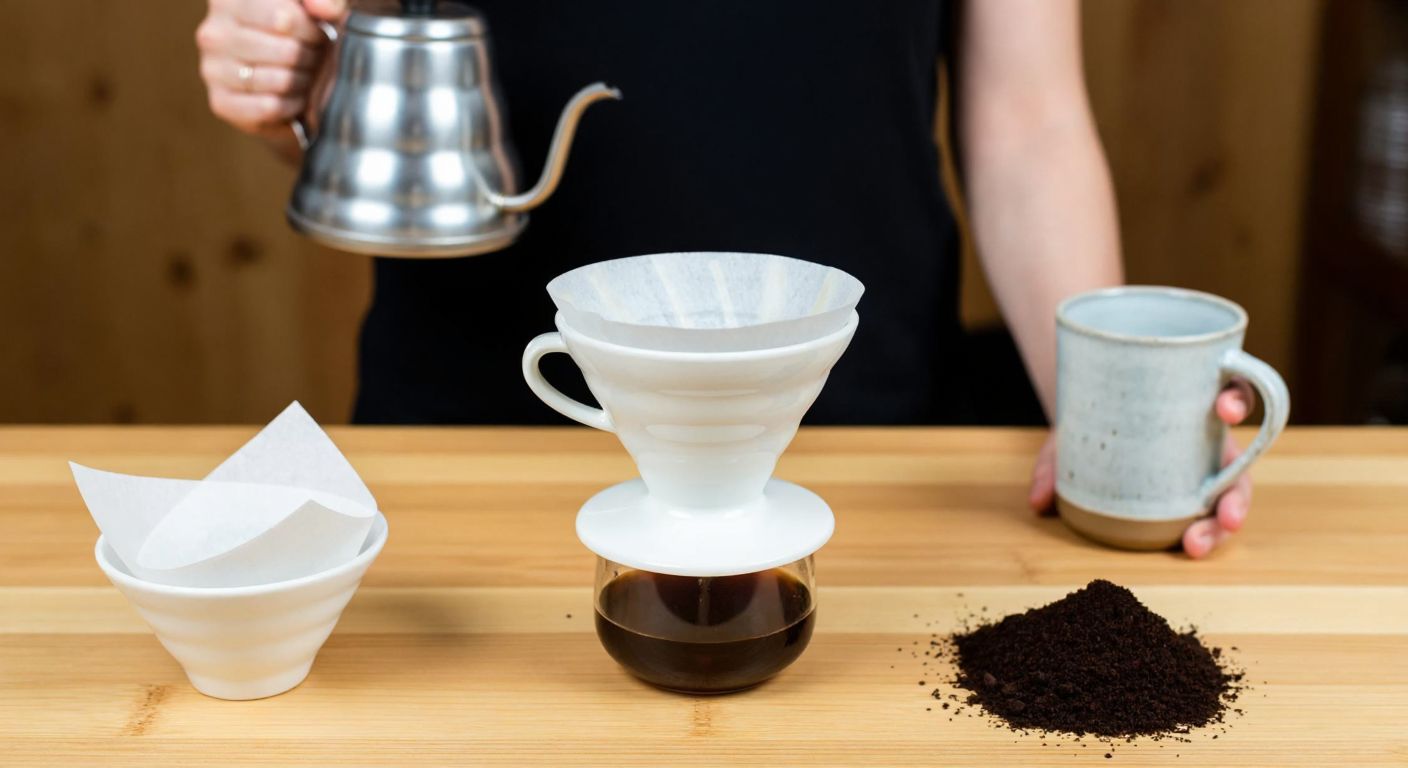A Turkish coffee enthusiast carefully comparing two Hario V60 paper filters—one smaller (02) for a personal brew and a larger (03) for a group—placed beside a ceramic dripper and fresh coffee grounds on a wooden table.