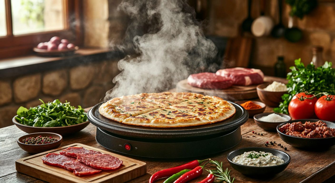 A warm, golden gözleme sizzling on an electric sac, surrounded by fresh ingredients like dough, vegetables, and spiced meats, with steam rising in a cozy Turkish kitchen.