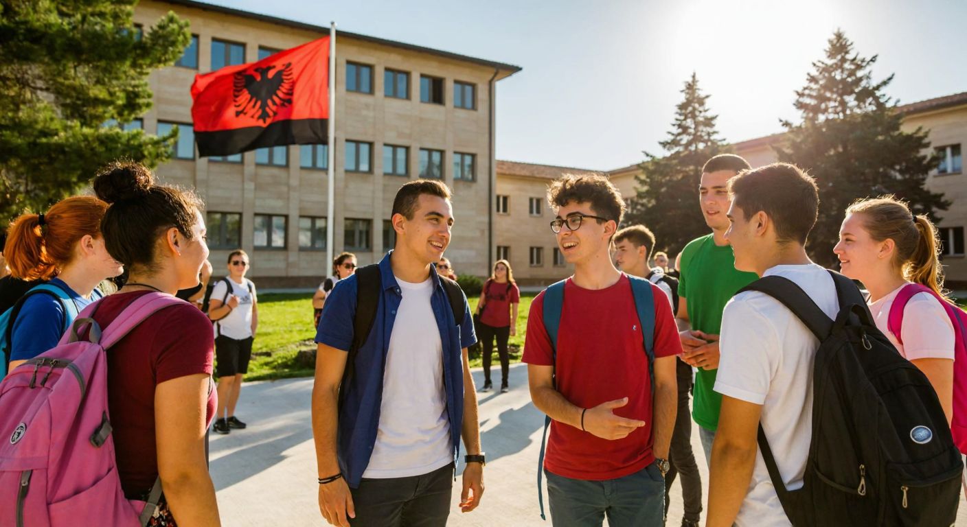 A group of diverse high school students in Albania, wearing backpacks and chatting animatedly, standing in front of a sunlit school building with a flagpole flying the Albanian flag.