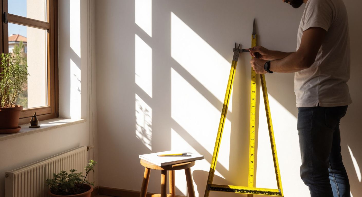 A person in a sunlit Turkish home measures a plain white wall with a yellow tape measure, while a notebook and pencil rest on a wooden stool nearby.
