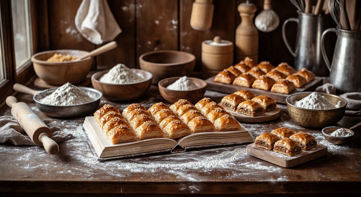 A well-worn Turkish pastry book with 177 dog-eared pages lies open on a flour-dusted wooden table, surrounded by rolling pins, mixing bowls, and freshly baked baklava.
