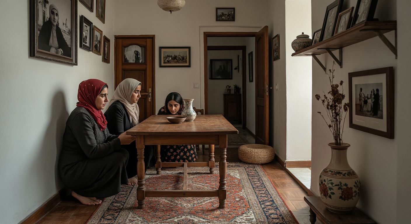 A Turkish family crouches protectively under a sturdy wooden table in a narrow hallway, surrounded by framed photos and a woven rug, while a vase shakes precariously on a nearby shelf.