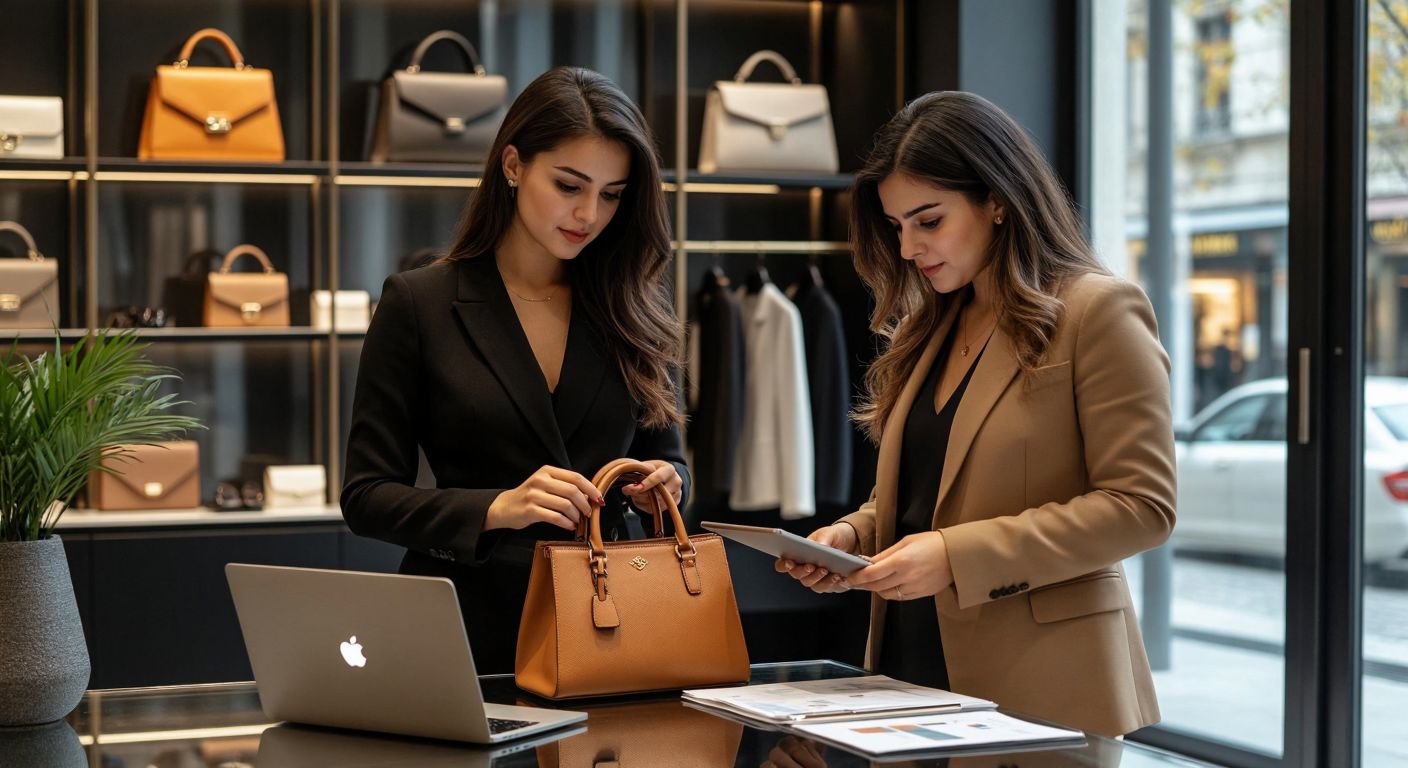 A well-dressed woman in a chic Istanbul boutique examines a luxury handbag while a digital marketing strategist in a sleek office analyzes customer data on a laptop.