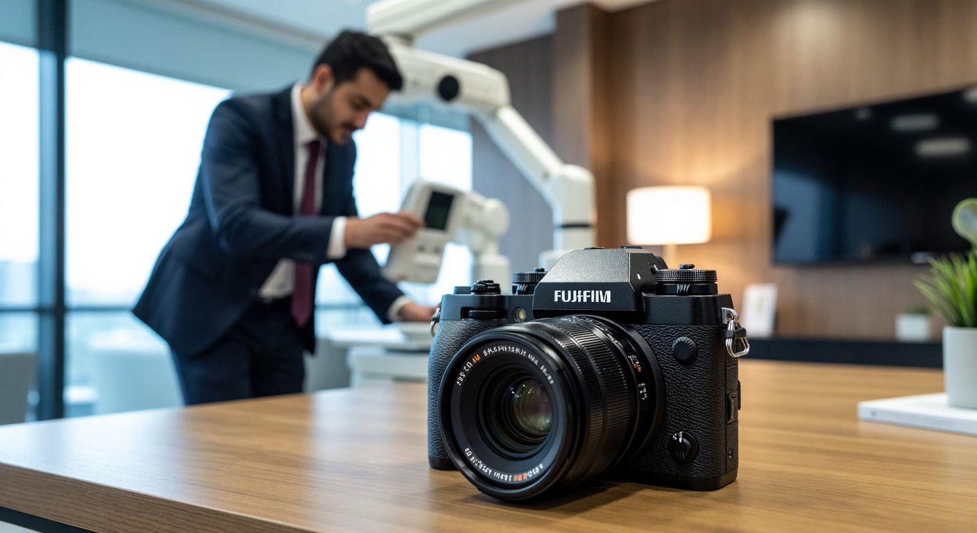 A sleek Fujifilm camera displayed on a wooden table in a modern Turkish office, with a professional photographer in business attire adjusting the lens while a medical imaging device glows softly in the background.