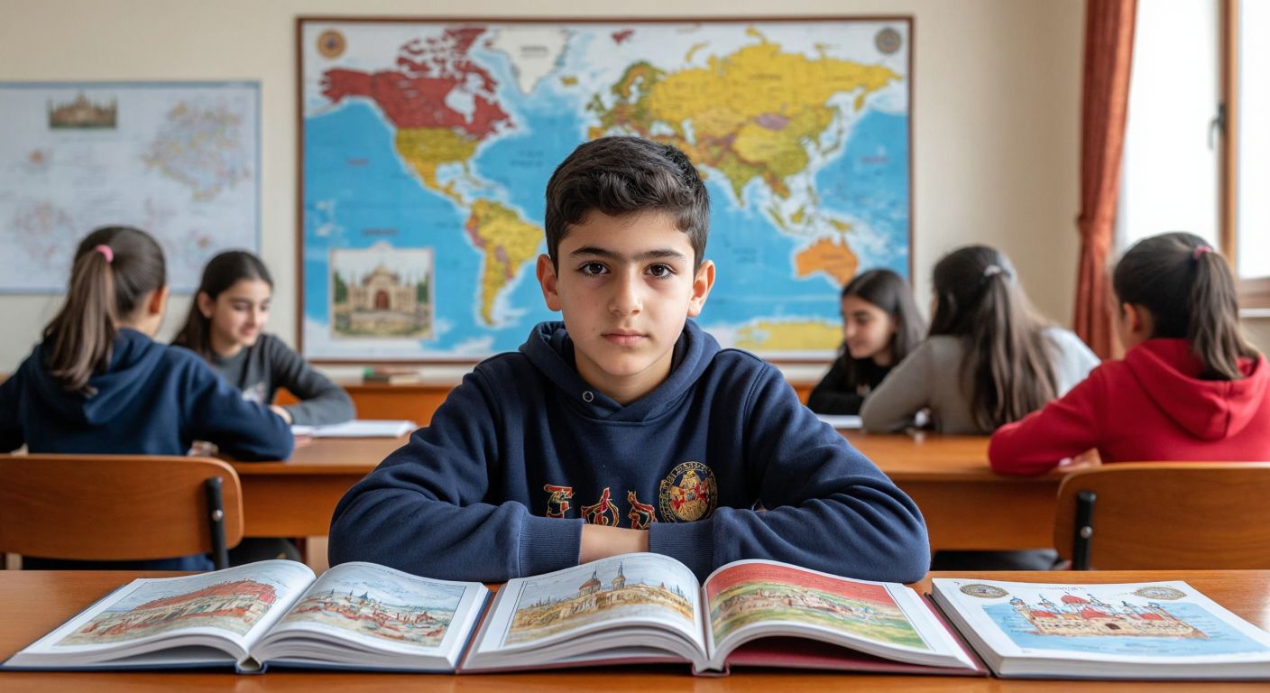 A focused Turkish middle-school student sits at a wooden desk, surrounded by open textbooks with illustrations of Ottoman history, a colorful map of Turkey’s population distribution, and a group of diverse classmates engaged in positive communication.