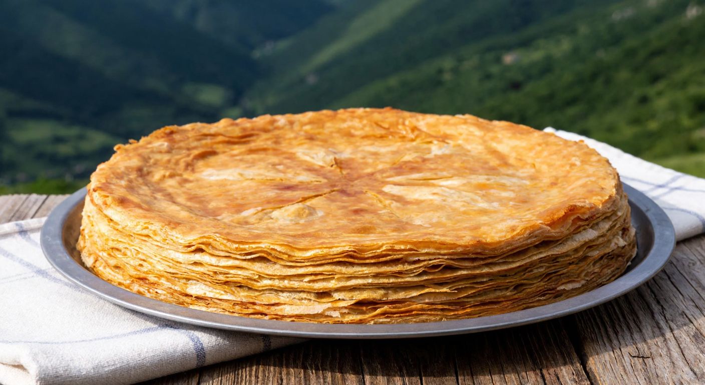 A golden, layered **flija** cake, freshly baked on a traditional sač (metal dome), served on a rustic wooden table with a backdrop of Kosovo's green hills.