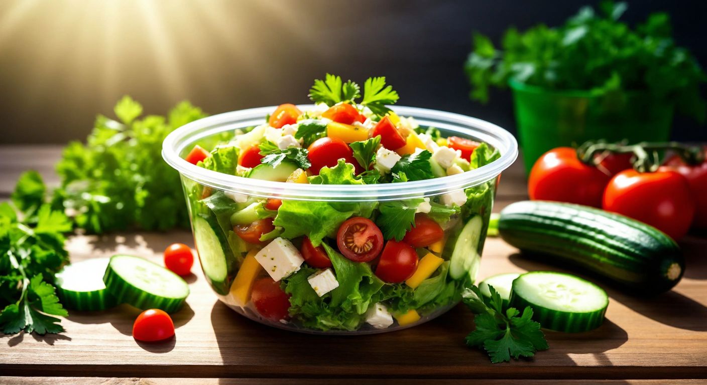 A vibrant, colorful salad in a clear plastic mica bowl placed on a sunlit wooden table, surrounded by fresh vegetables like tomatoes, cucumbers, and parsley, evoking a sense of health and freshness.