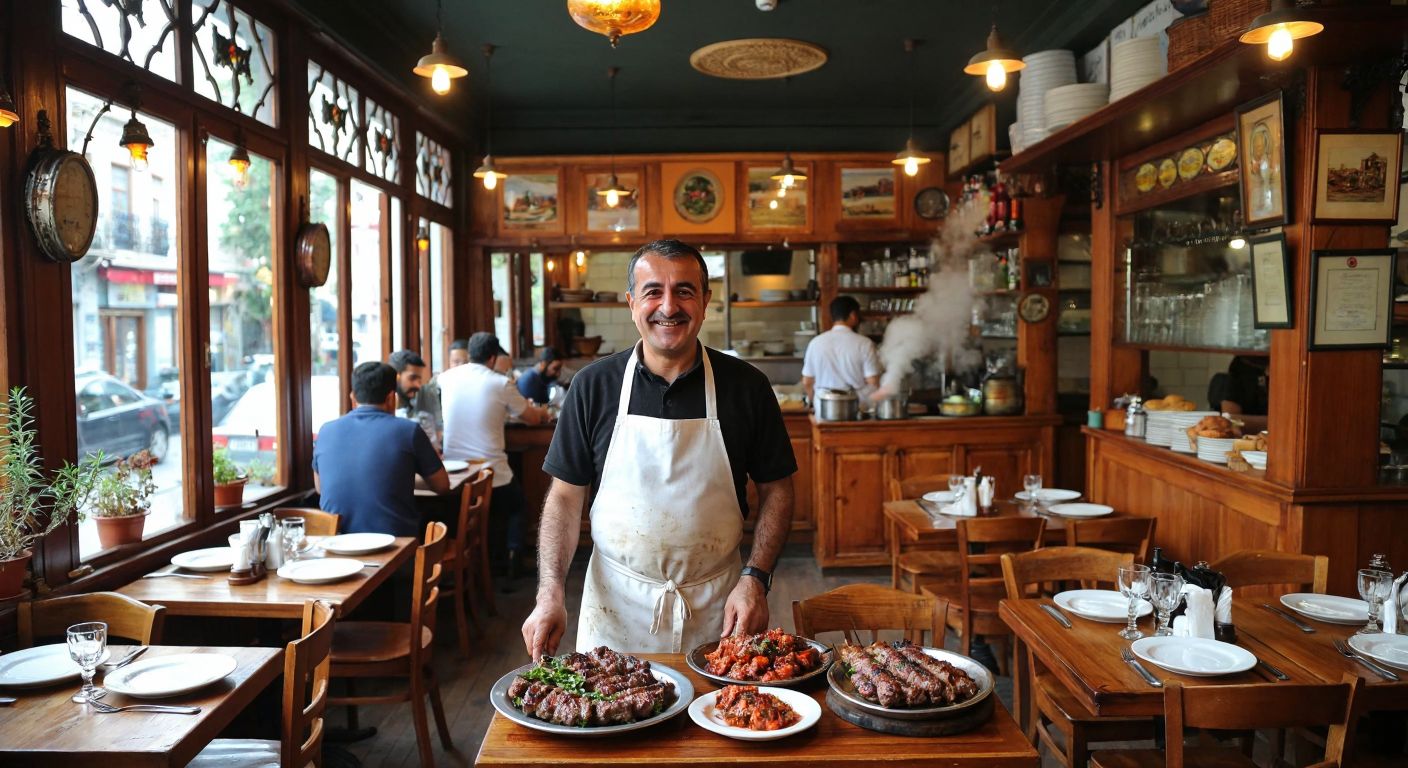 A warm, bustling Turkish restaurant in Balat with wooden tables, steaming plates of kebabs, and a smiling middle-aged man (Fethi Fırat) in a white apron greeting guests.