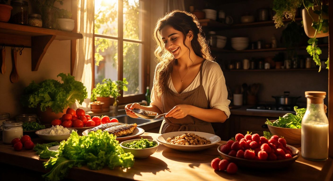A Turkish woman in a sunlit kitchen smiles while preparing a vibrant plate with grilled fish, walnuts, leafy greens, yogurt, and fresh berries, surrounded by flaxseeds and almonds.