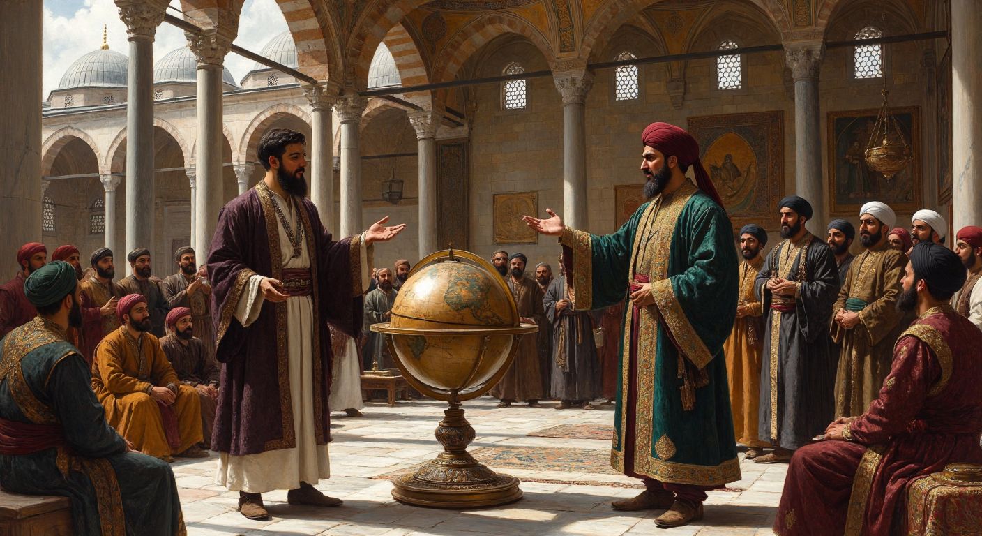 A bearded scholar in Ottoman robes stands beside a celestial globe in a sunlit courtyard of a grand Istanbul medrese, while a noble sultan in a richly embroidered kaftan gestures approvingly toward him, surrounded by attentive students and ancient astronomy instruments.