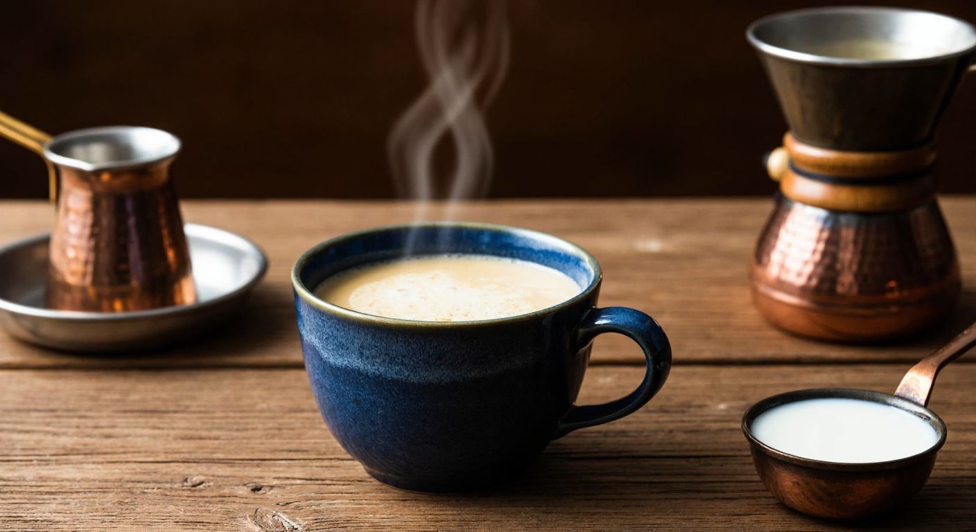 A warm ceramic cup of creamy, milk-infused filter coffee sits on a wooden table, steam gently rising, with a small saucepan of freshly heated milk nearby and a traditional Turkish coffee filter in the background.