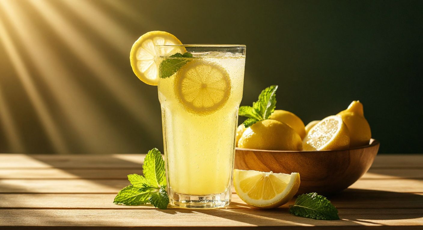 A tall, frosty glass of freshly squeezed lemonade with condensation droplets, sitting on a sunlit wooden table beside a bowl of sliced lemons and mint leaves.  

(Note: The description avoids text, symbols, and technology while evoking the freshness and simplicity of homemade lemonade, fitting a Turkish context where such drinks are common.)