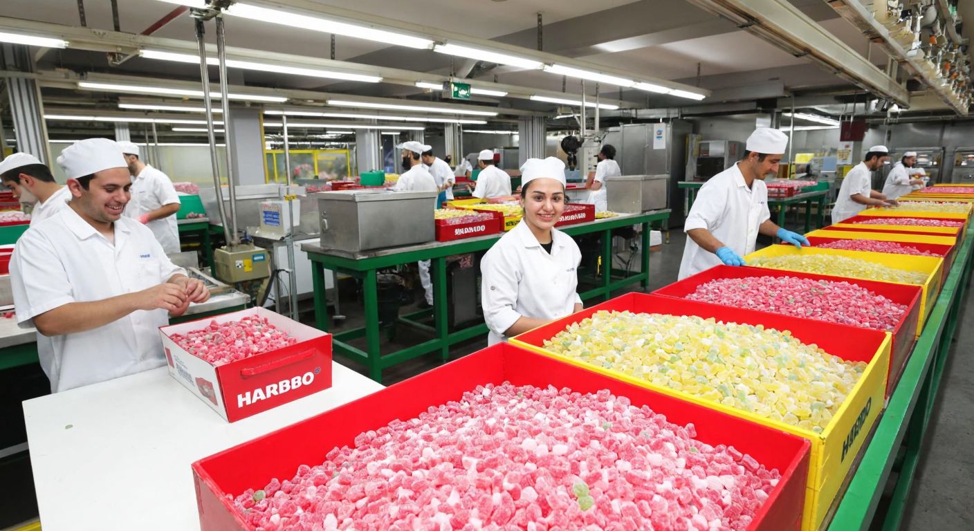 A bustling HARIBO candy factory in Arnavutköy, Istanbul, with colorful candy packages on conveyor belts and workers in white uniforms smiling as they oversee production.