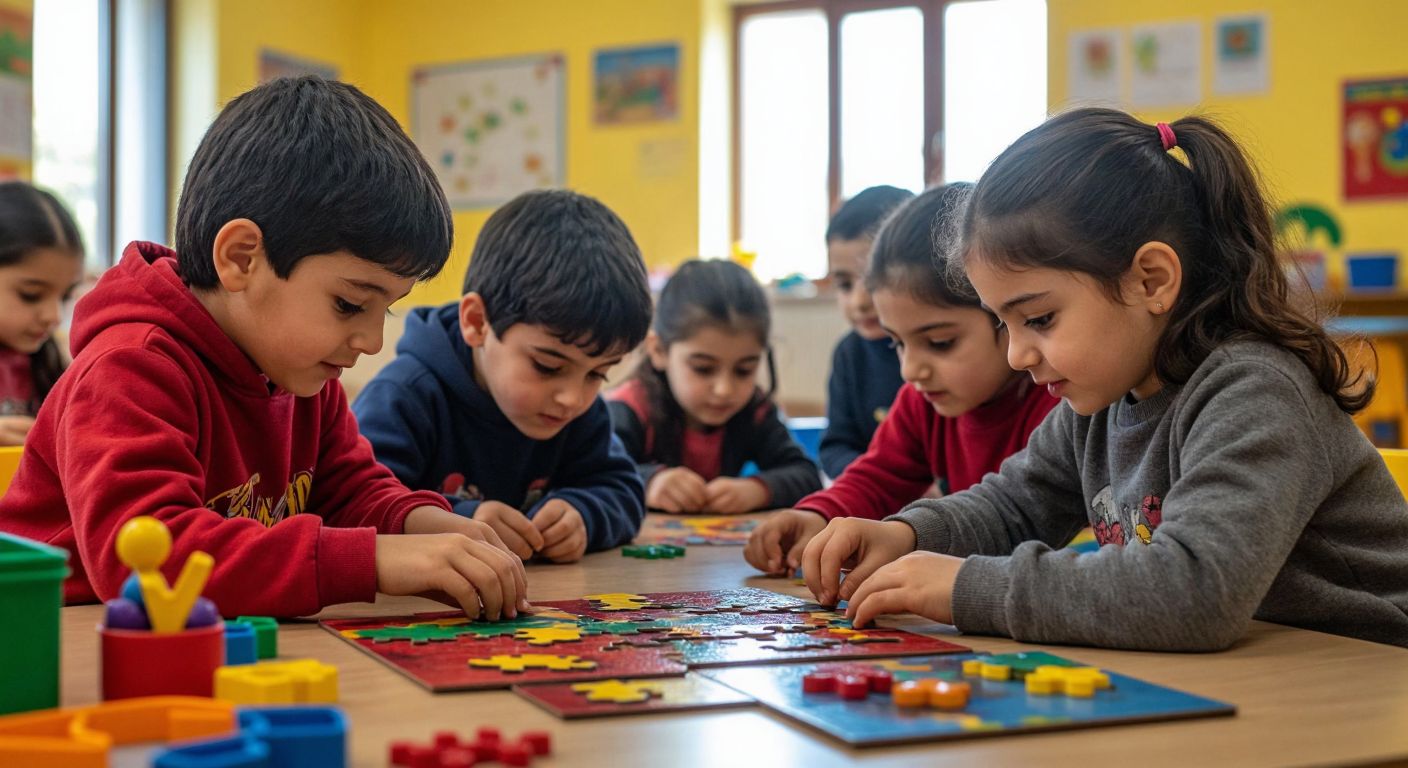 A diverse group of Turkish children with autism, some focused intently on puzzles or art while others engage in imaginative play, all under the warm light of a classroom with colorful educational tools around them.