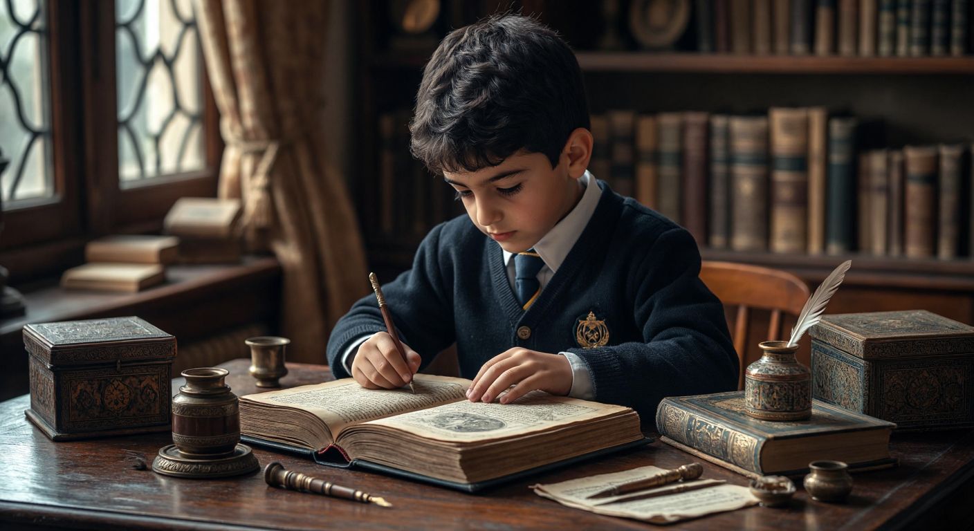 A young Turkish student in a school uniform intently studies an ancient scroll and a modern history book on a wooden desk, surrounded by artifacts like a quill, inkpot, and a miniature Ottoman-era building, symbolizing the connection between past and present learning.