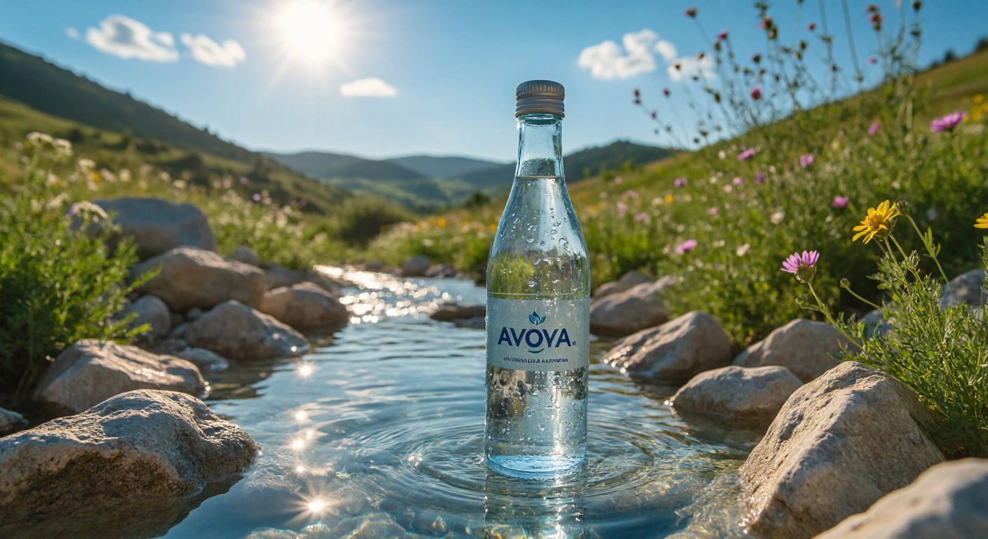 A clear glass bottle of AVOYA mineral water resting on a sunlit rocky spring in Burdur, surrounded by lush green hills and wildflowers, with droplets glistening on its surface.