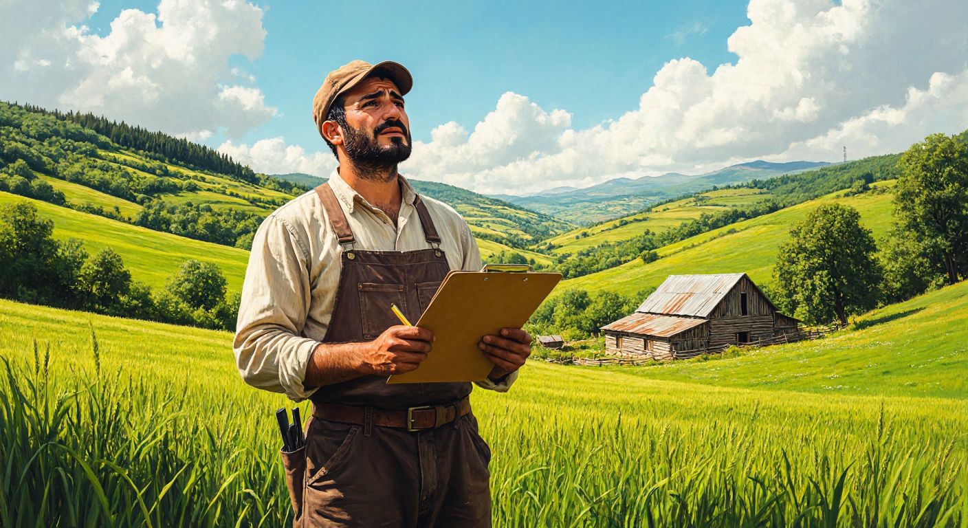 A Turkish farmer in a sunlit field holds a clipboard with a hopeful expression, surrounded by rolling green hills and a rustic wooden barn in the background.