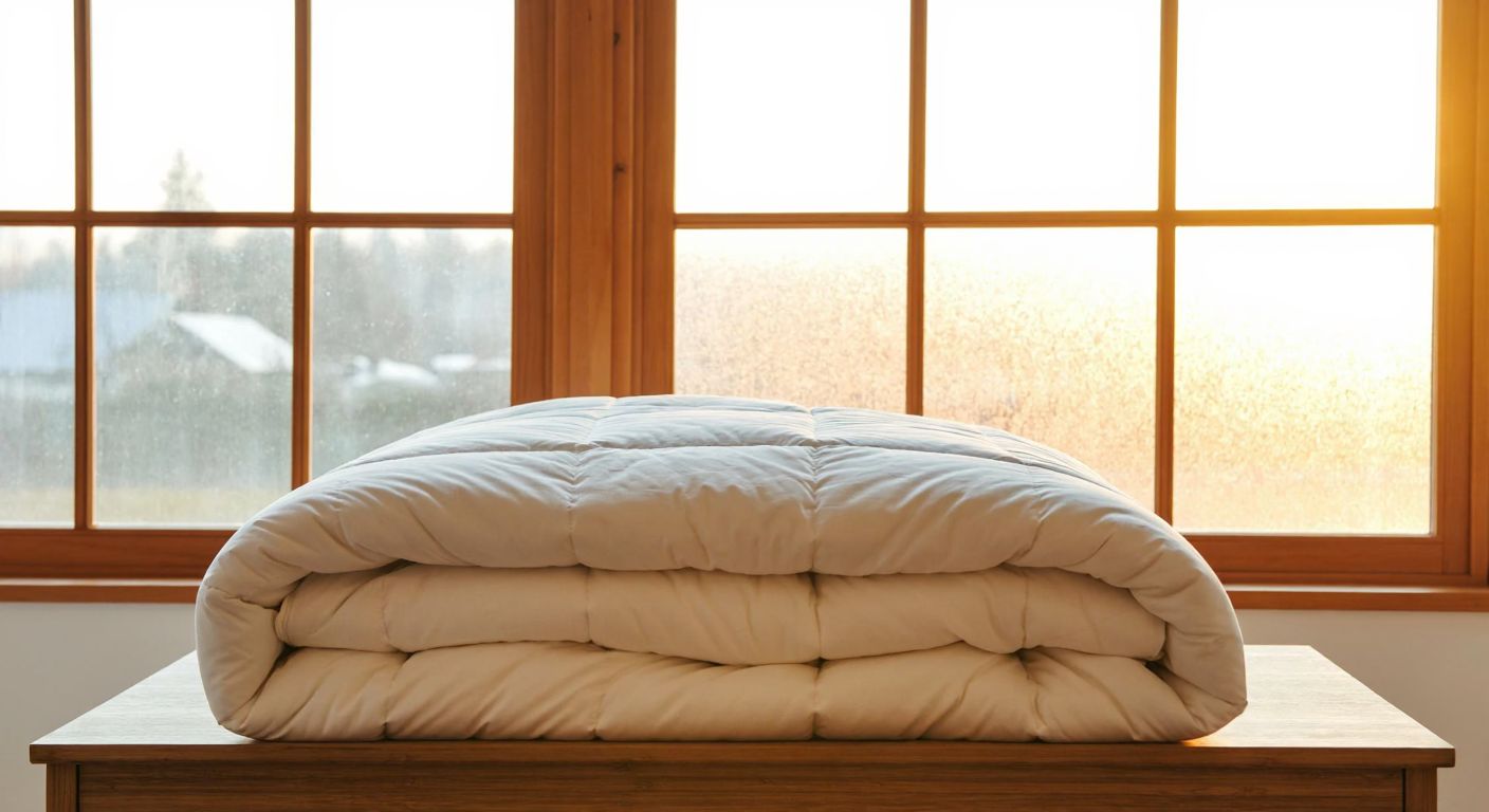 A cozy Turkish bedroom in winter, with a thick woolen quilt and a fluffy goose-down quilt neatly folded on a wooden bed, warm golden light streaming through frosted windows.