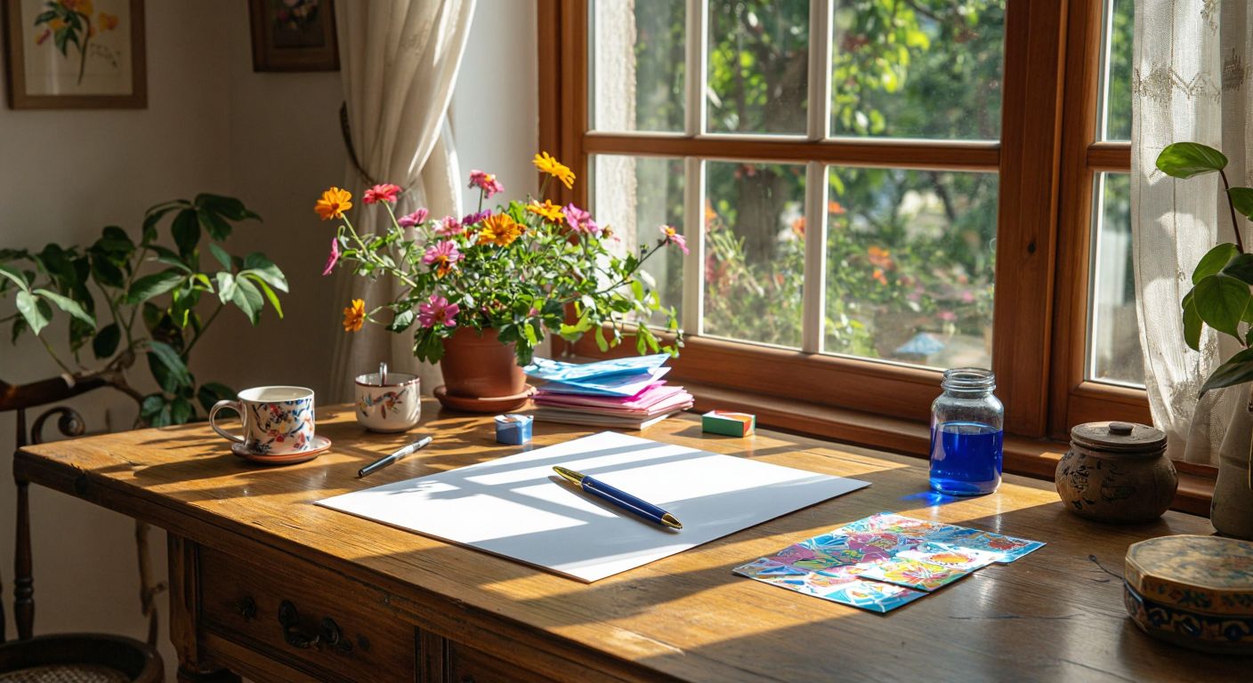 A wooden desk in a sunlit Turkish home holds a crisp white A4 paper, a deep blue fountain pen, a matching envelope, and a small pot of glue, with colorful origami paper and stickers scattered nearby.