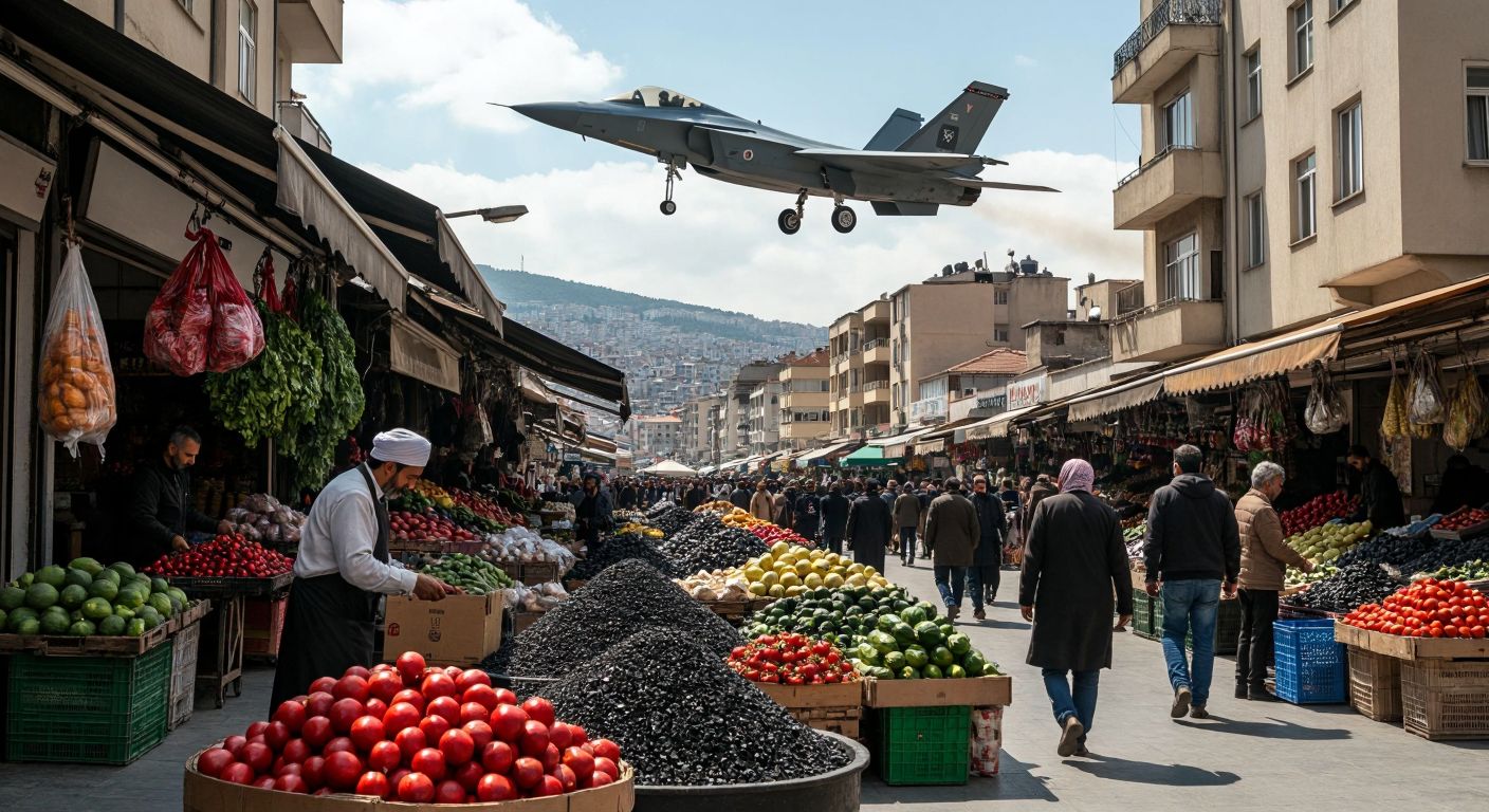 A bustling marketplace in İzmir with vendors selling fresh produce and coal, while a sleek fighter jet model hovers subtly in the background, symbolizing Tansaş's local roots and TUSAŞ's aerospace legacy.