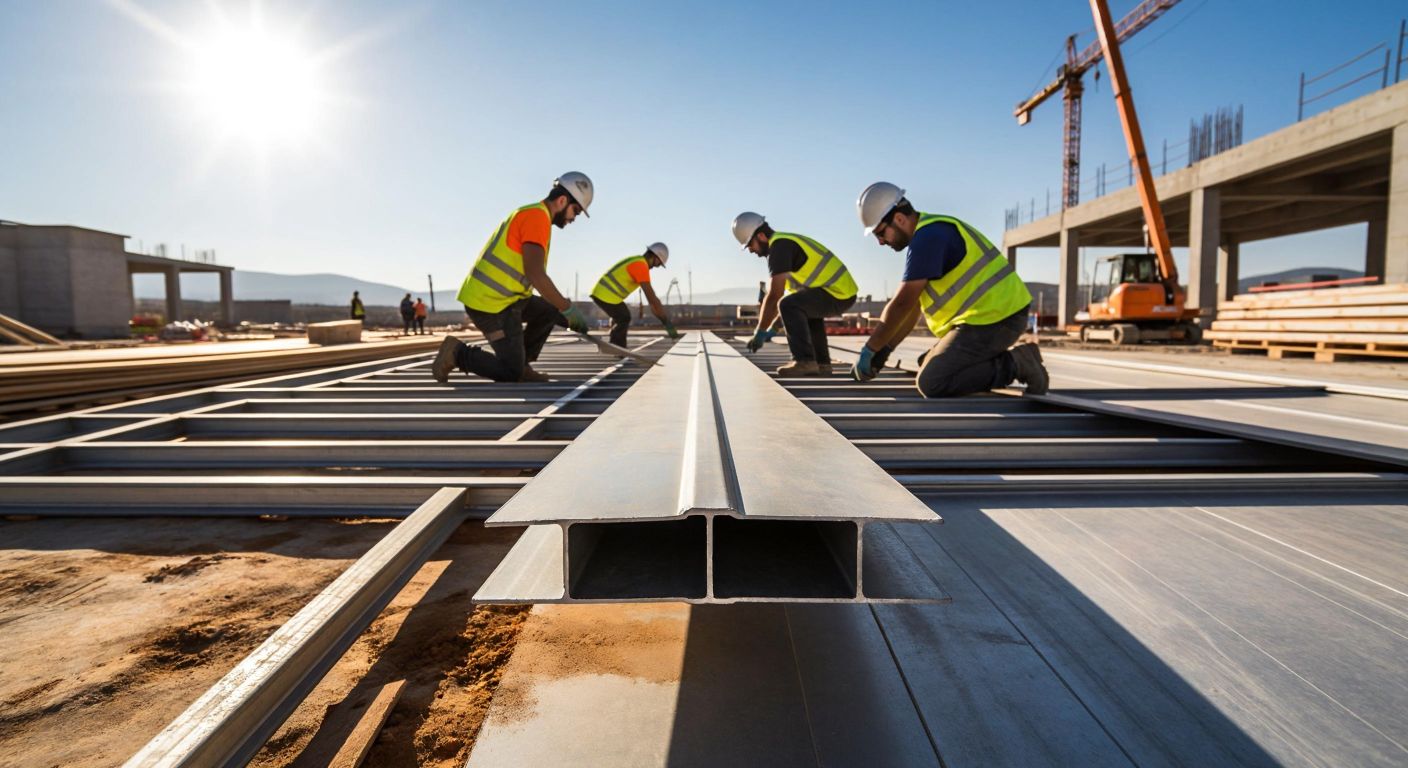 A sturdy **T-shaped metal profile** lies horizontally on a construction site in Turkey, connecting two floor panels seamlessly while workers in hard hats and reflective vests secure it in place under the warm sunlight.