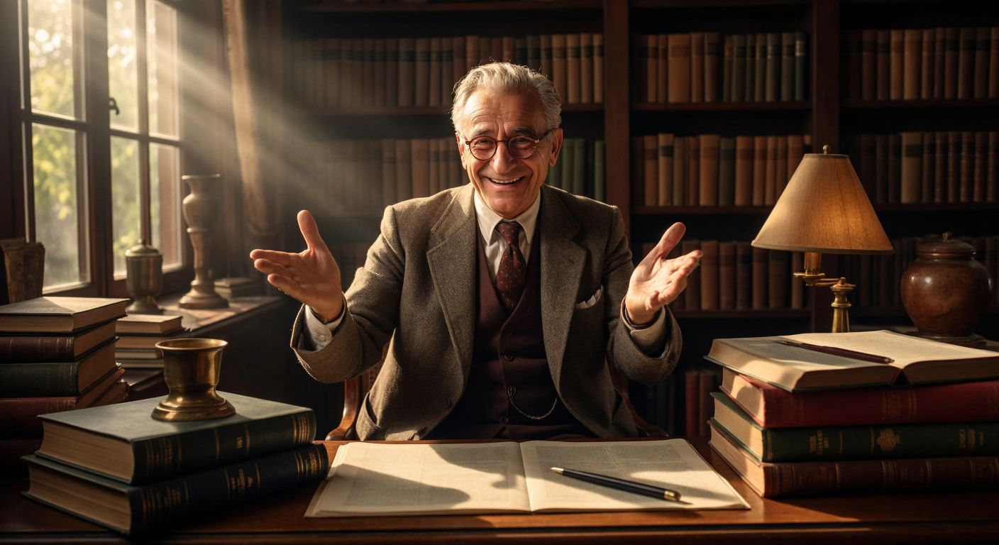 A distinguished elderly Italian man with a wry smile, wearing a tweed jacket, sits at a wooden desk in a sunlit study, surrounded by stacks of old books and a quill pen, while gesturing humorously as if explaining a clever economic theory.