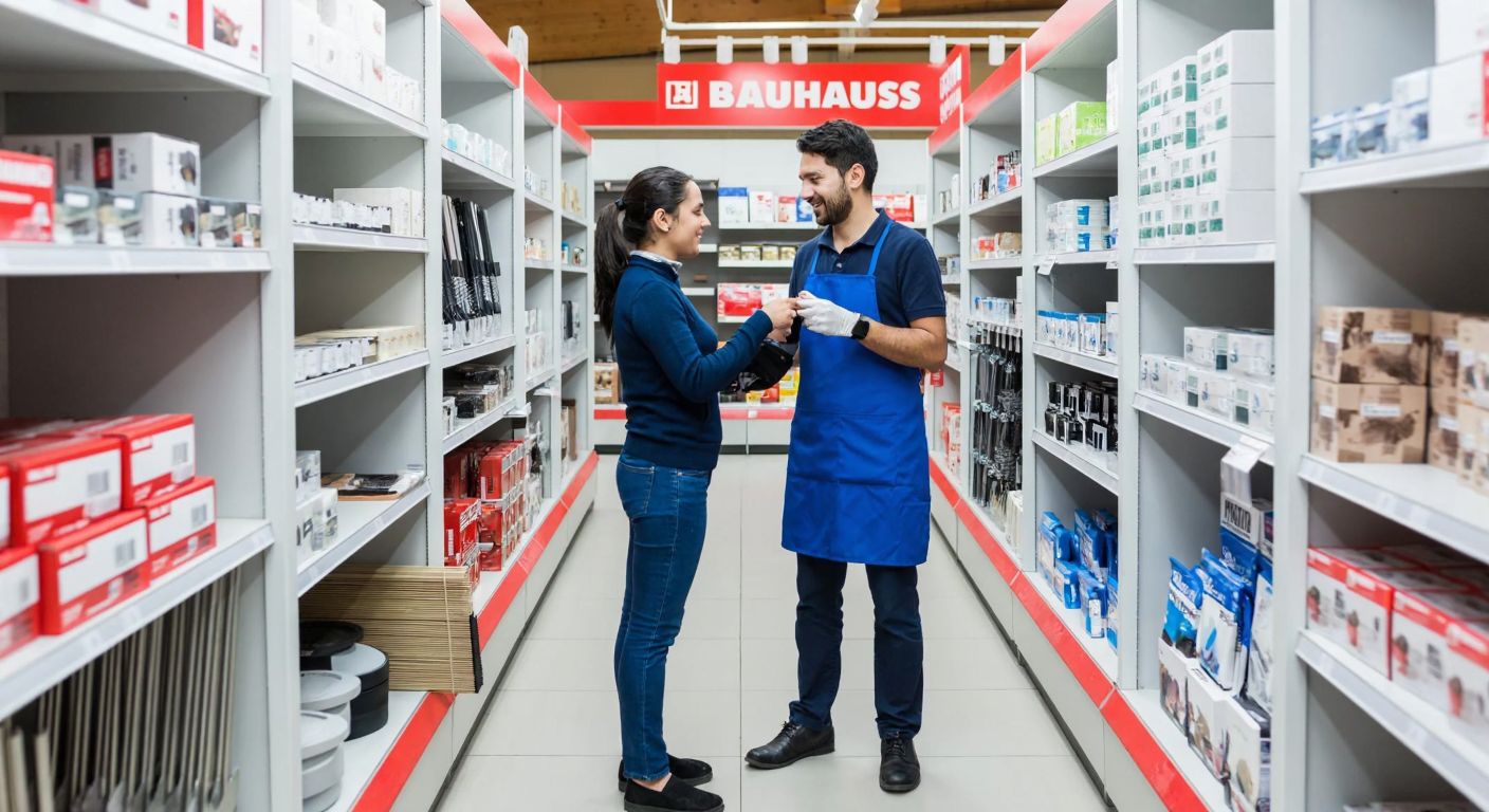 A well-lit Bauhaus store aisle in Turkey, with neatly displayed rubber, brush, and silicone door draft stoppers in various sizes, a smiling employee in a blue apron assisting a customer examining the products.