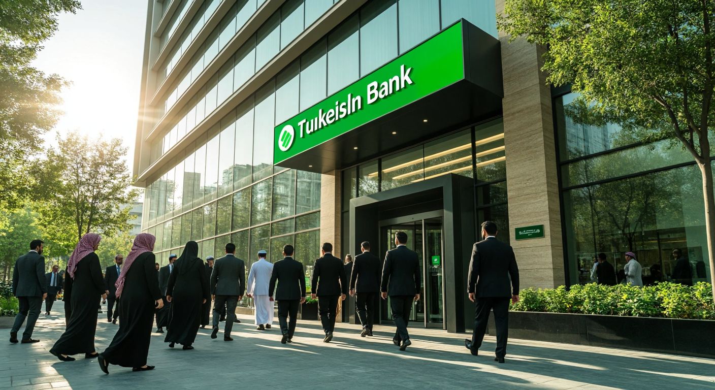 A modern Turkish bank building with a green logo, surrounded by people in business attire and traditional clothing, confidently entering and exiting under a bright sun.