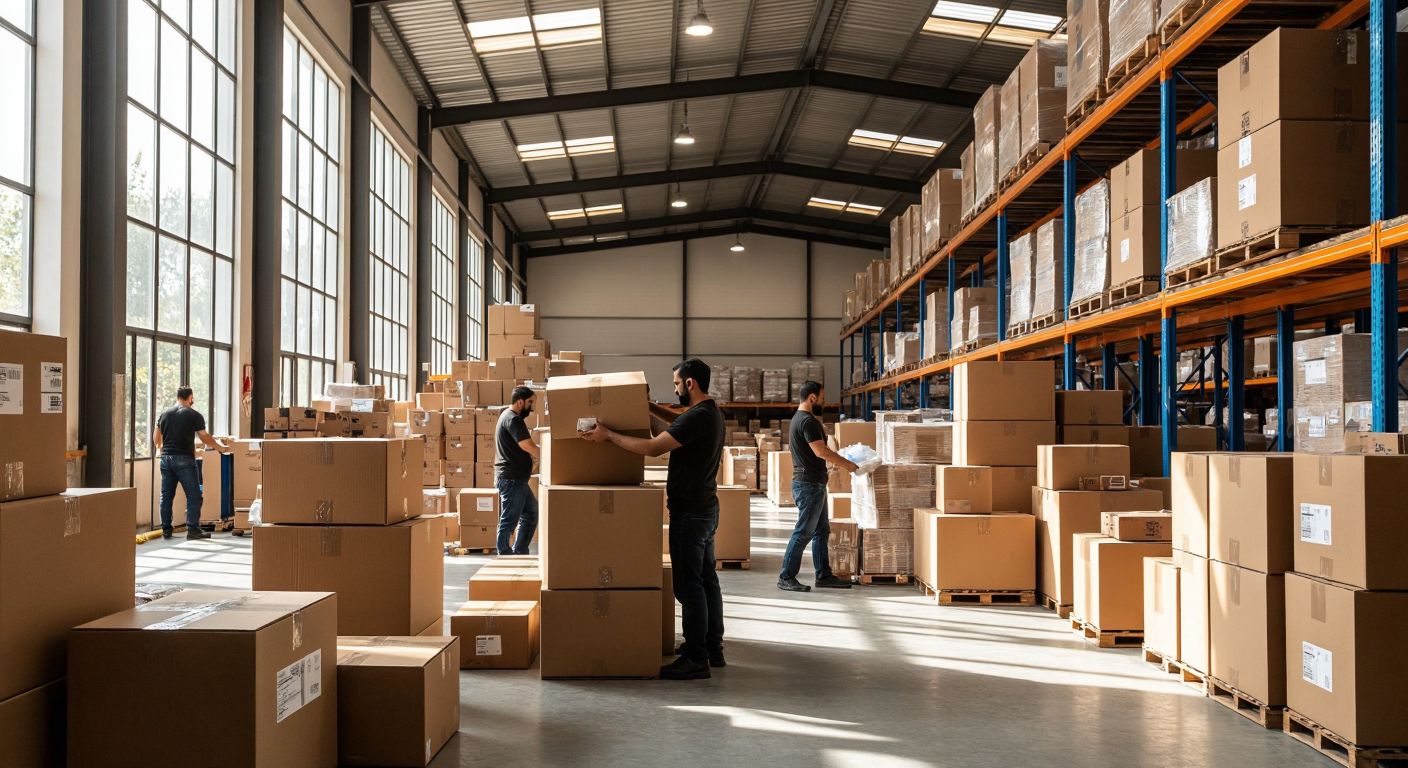A bustling Turkish packaging warehouse with workers stacking various cardboard boxes—sturdy triplex boxes for heavy items, sleek e-commerce boxes with adhesive flaps, and decorative gift boxes—while sunlight streams through high windows onto neatly arranged piles.