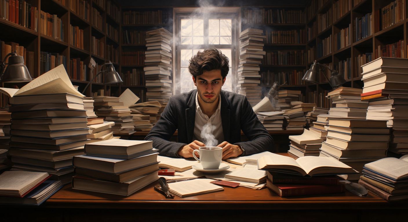 A focused Turkish student surrounded by towering stacks of research papers and books in a cozy library, with a steaming cup of çay on the wooden desk.