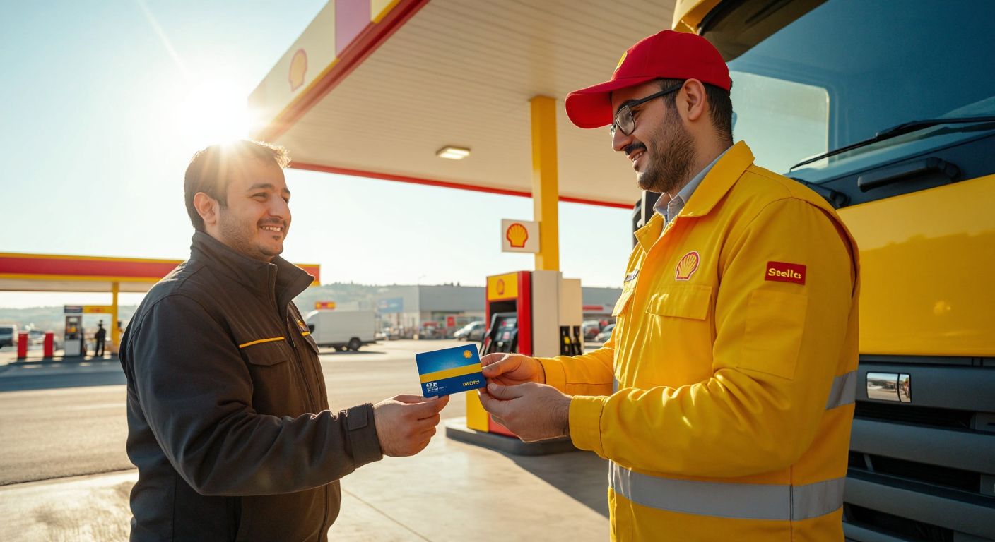 A Turkish truck driver in a Shell station uniform hands a blue-and-yellow Shell ClubSmart Extra card to a station attendant at a fuel pump, with a Shell Select market visible in the background under a bright sun.