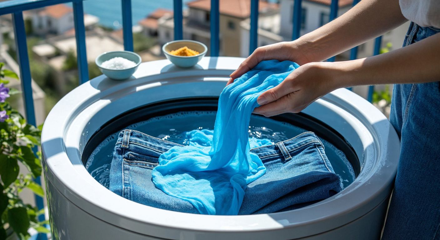 A pair of hands carefully pouring vibrant blue fabric dye into a washing machine filled with water, while a pair of jeans rests inside, surrounded by small bowls of salt and vinegar on a sunlit Turkish balcony.
