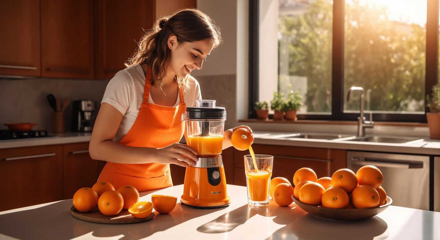 A sleek orange juicer sits on a sunlit kitchen counter in Turkey, surrounded by fresh oranges, with a smiling woman in a casual apron pouring vibrant juice into a glass.