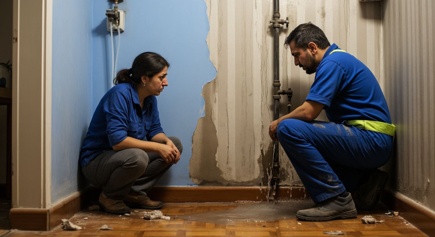 A concerned Turkish homeowner in a modest apartment kneels beside a damp, cracked wall with clear water trickling down, while a plumber in a blue uniform examines the pipes behind it.