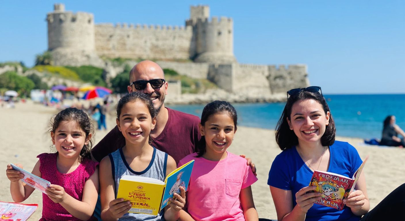 A group of smiling children and adults sitting on a sunny beach in Mersin, holding colorful books, with the historic Kız Kalesi (Maiden's Castle) visible in the background.