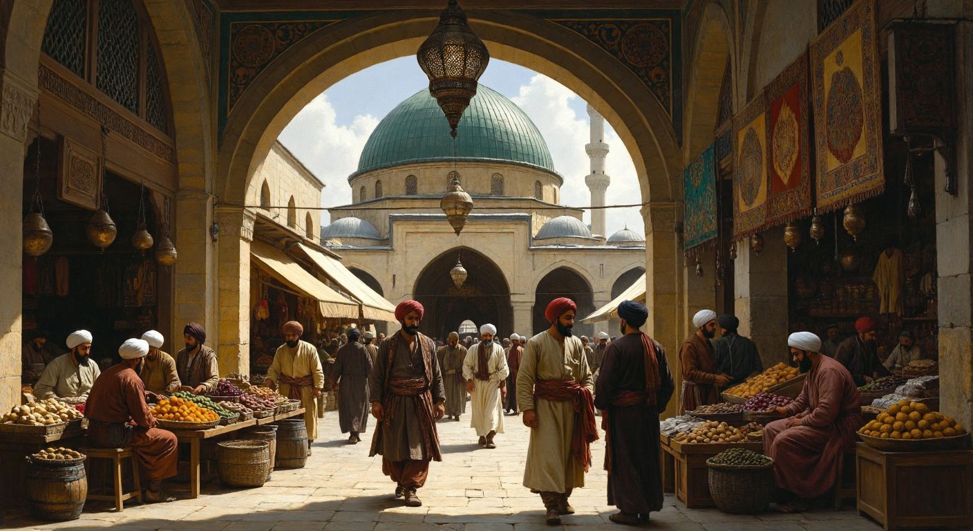 A serene Ottoman-era marketplace with diverse merchants—wearing turbans and traditional attire—peacefully trading goods under a domed bazaar, symbolizing harmony and prosperity under the *istimalet* policy.