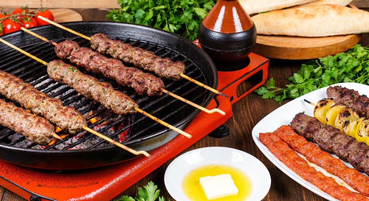 A vibrant Turkish grill sizzling with skewers of Adana kebab, Urfa kebab, and şiş kebab, alongside a clay testi kebab and a plate of İskender kebab drizzled with butter, set against a rustic wooden table with fresh herbs and grilled vegetables.