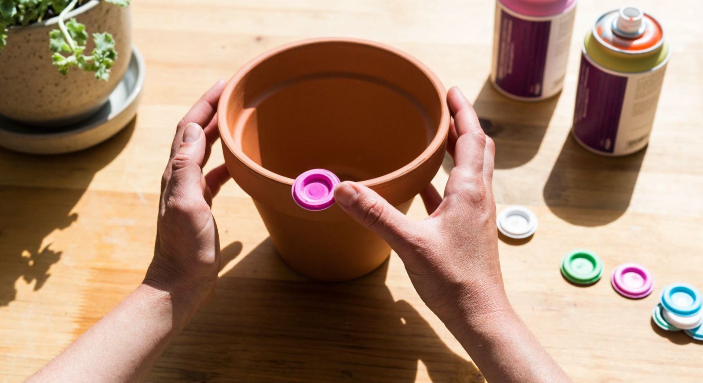 A pair of hands carefully gluing egg carton pieces around a terracotta pot on a sunlit wooden table, with scattered colorful spray paint cans nearby.