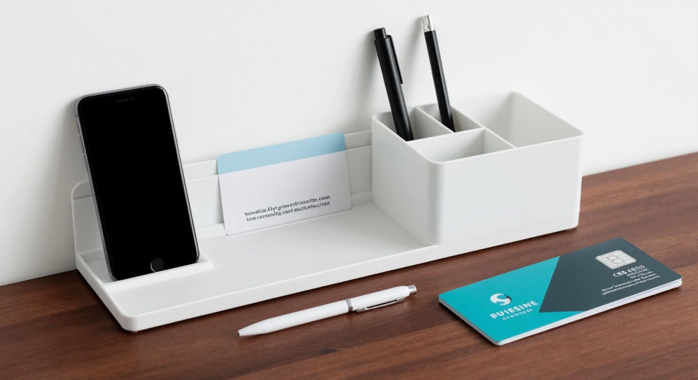 A sleek, minimalist white desk organizer made of durable PLA material, holding pens, a smartphone, and business cards neatly arranged on a wooden office desk in Turkey.