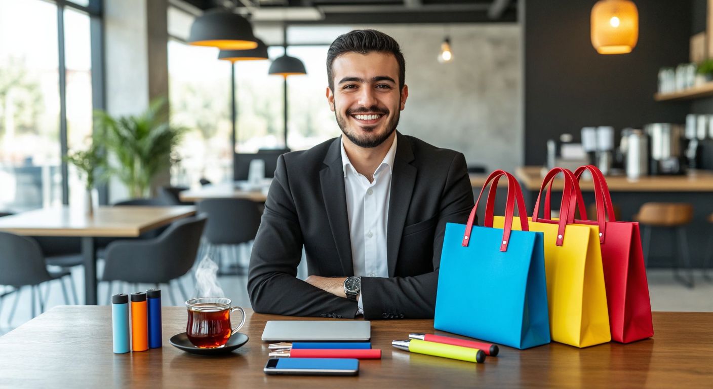 A cheerful Turkish businessperson in a modern office proudly displays a colorful array of branded promotional items—custom pens, stylish tote bags, and sleek USB drives—on a wooden table with a steaming cup of Turkish tea in the background.