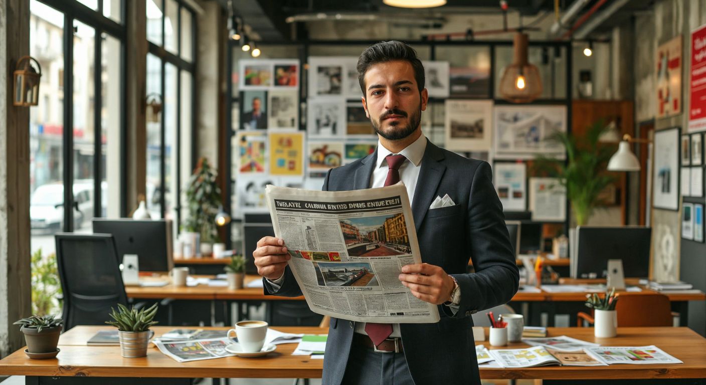 A Turkish businessman in a crisp suit confidently holds up a vibrant newspaper ad draft while standing in a bustling Istanbul office, surrounded by creative sketches and a steaming cup of Turkish coffee.