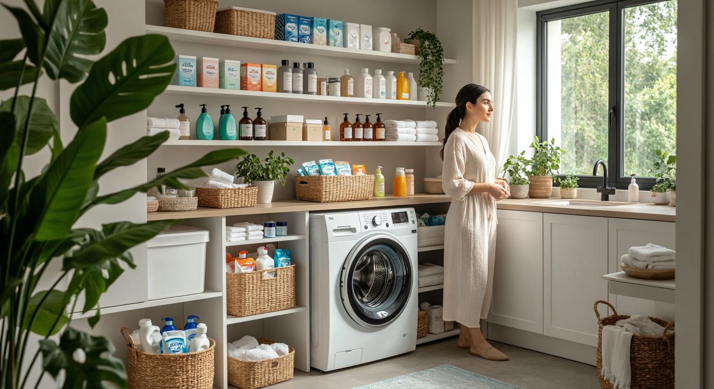 A bright Turkish laundry room with a modern washing machine, shelves holding neatly arranged boxes of powdered detergent, bottles of liquid detergent, and colorful gel capsules, while a woman in casual homewear thoughtfully compares them.