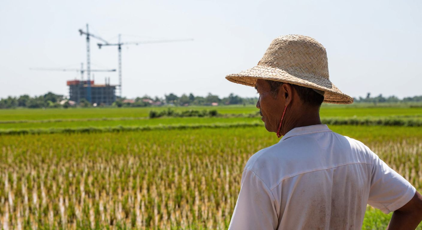 A weathered Cambodian farmer in a straw hat stands in a sun-scorched rice field, gazing at a distant construction site where cranes rise against the horizon.