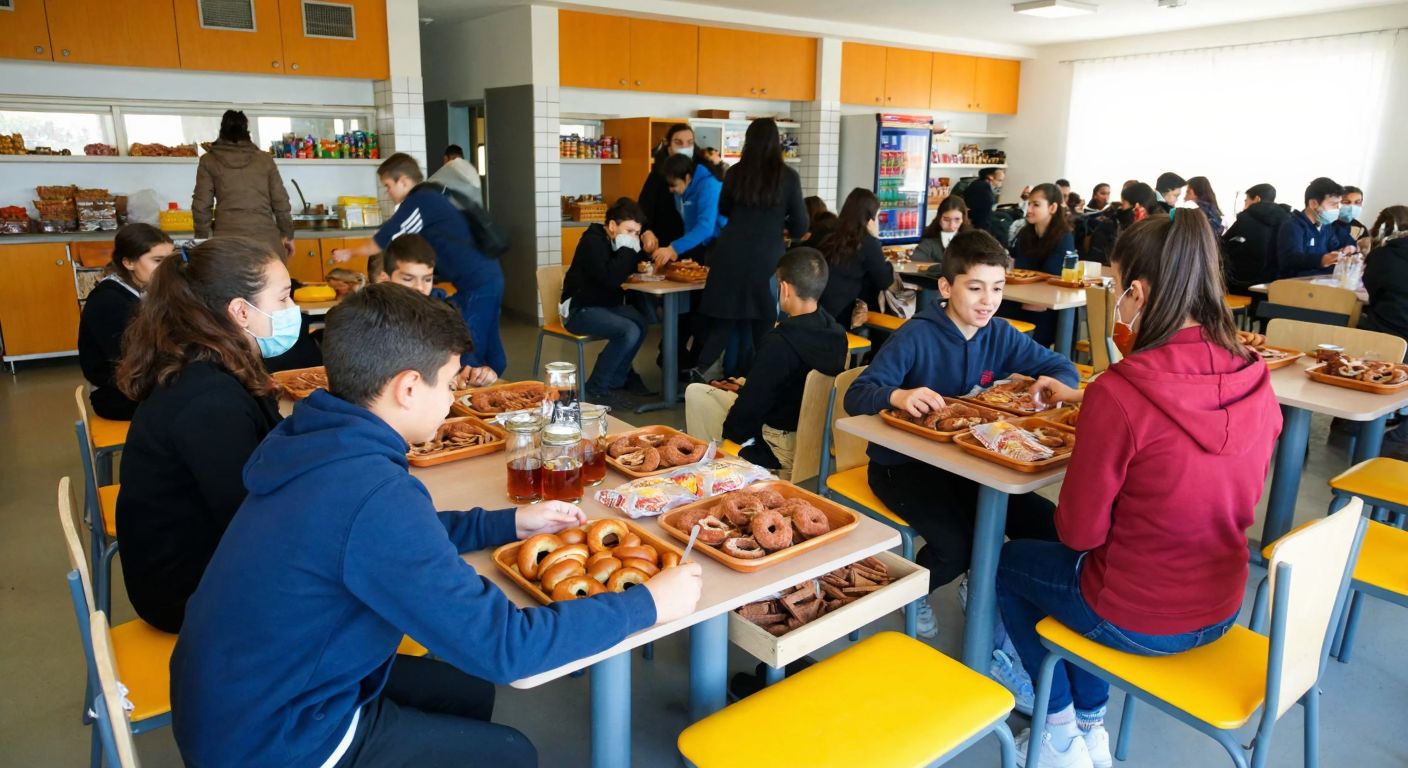 A bustling school cafeteria in Turkey with students chatting over trays of simit and çay, surrounded by shelves of snacks and a warm, lively atmosphere.