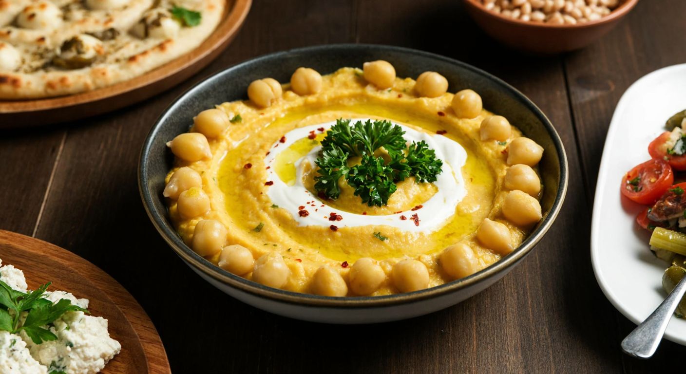 A rustic wooden table in a Turkish kitchen holds a bowl of creamy, golden-yellow topik meze made from boiled chickpeas, garnished with fresh parsley and a drizzle of olive oil, surrounded by small plates of traditional Turkish appetizers.